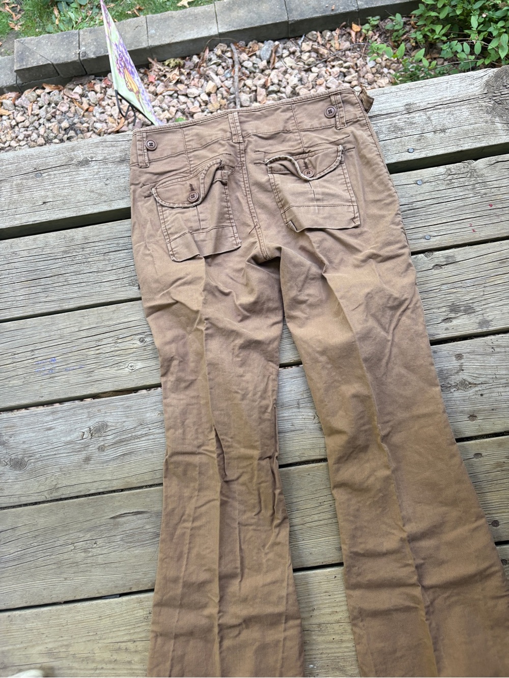 Maurice’s 1/2 juniors twill chino flare retro vintage pants distressed brown Y2K